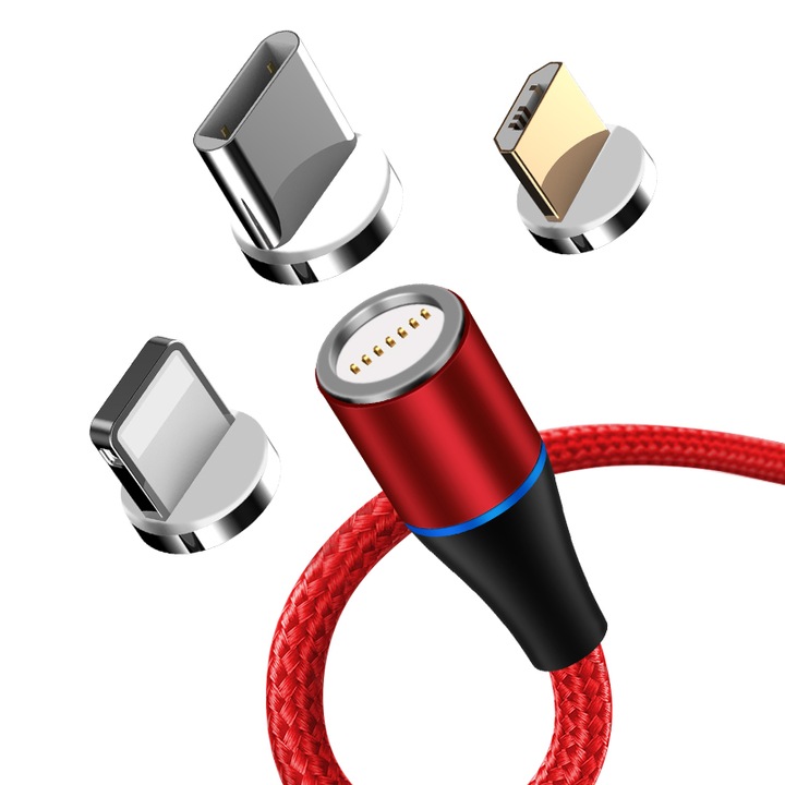 Cablu de incarcare rapida si transfer de date 7pini, 3A magnetic RiKbo® 3 in 1 tip Lightning, Type-C, micro-USB rotatie 360 grade, Lungime 1 metru Rosu