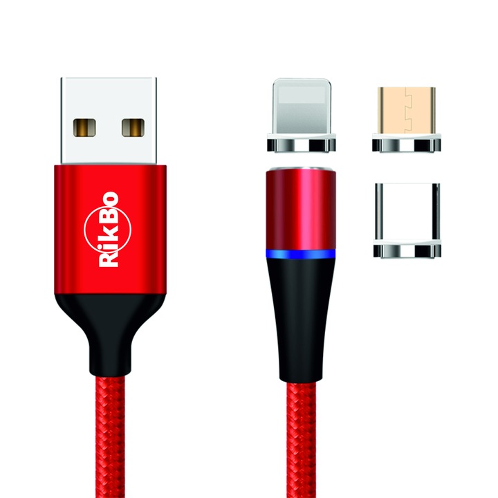 7-пинов кабел за бързо зареждане и пренос на данни, 3A магнитен RiKbo® 3 в 1 Lightning, Type-C, micro-USB завъртане на 360 градуса, дължина 1 метър, Червен