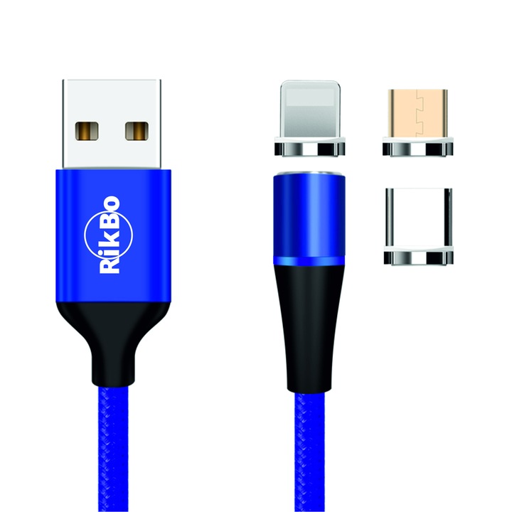Cablu de incarcare rapida si transfer de date 7pini, 3A magnetic RiKbo® 3 in 1 tip Lightning, Type-C, micro-USB rotatie 360 grade, Lungime 1 metru Albastru