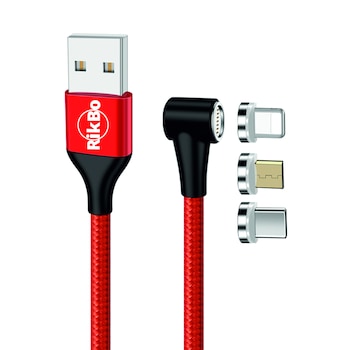 Cablu incarcator Fast Charge 3A,7 pini, Magnetic 3 in 1, rotatie 360 grade, Lightning, Type-C , Micro-USB RikBo® compatibil Iphone Android, Indicator LED, transfer de date, Lungime 2 metri, Rosu Cablu incarcator Fast Charge 3A,7 pini, Magnetic 3 in 1, rotatie 360 grade, Lightning, Type-C , Micro-USB RikBo® compatibil Iphone Android, Indicator LED, transfer de date, Lungime 2 metri, Rosu