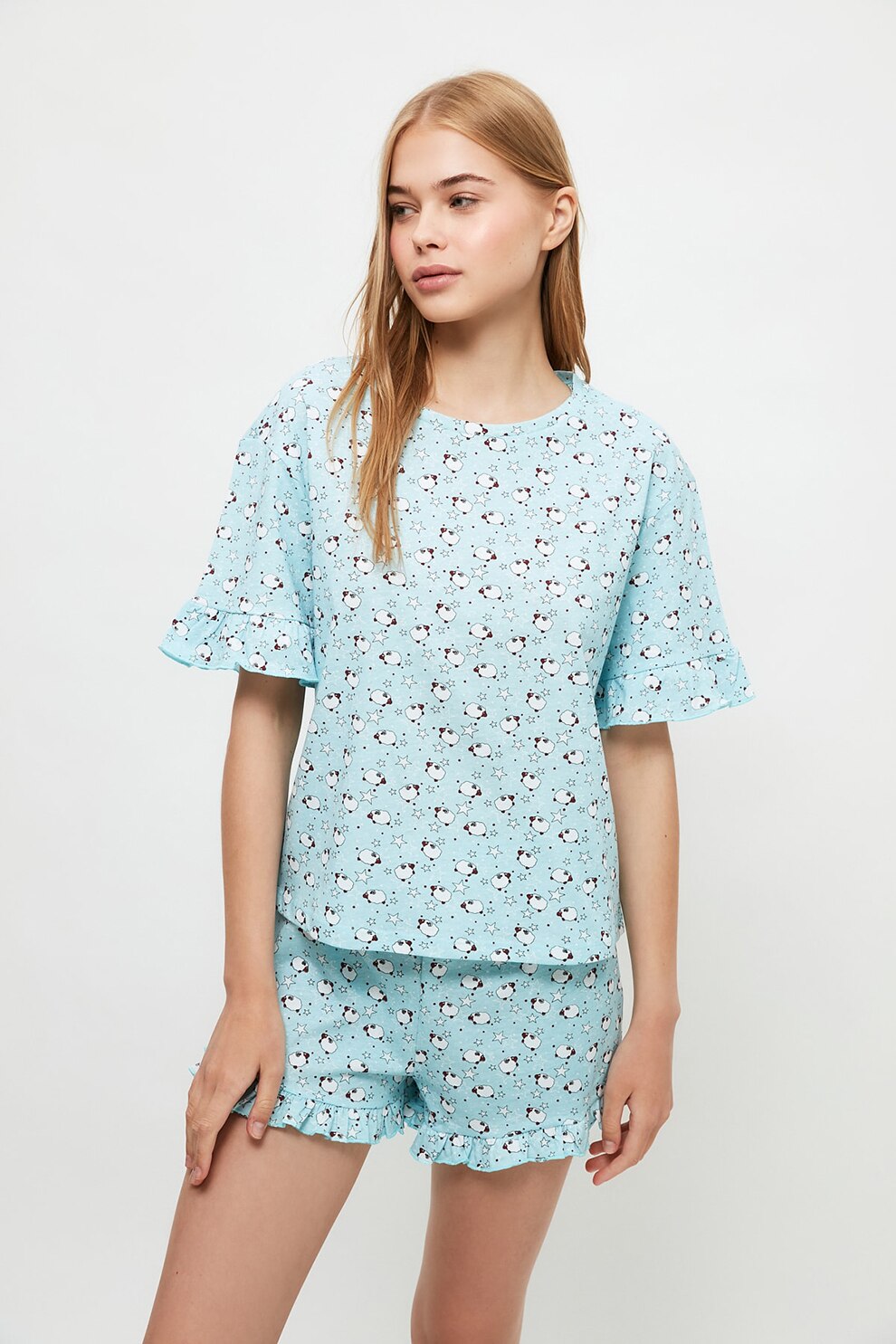 Trendyol, Pijama de bumbac cu imprimeu, Albastru deschis/Alb/Negru