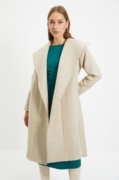 Trendyol, Palton cu model petrecut si cordon, Maro nisip, XL Trendyol, Palton cu model petrecut si cordon, Maro nisip, XL