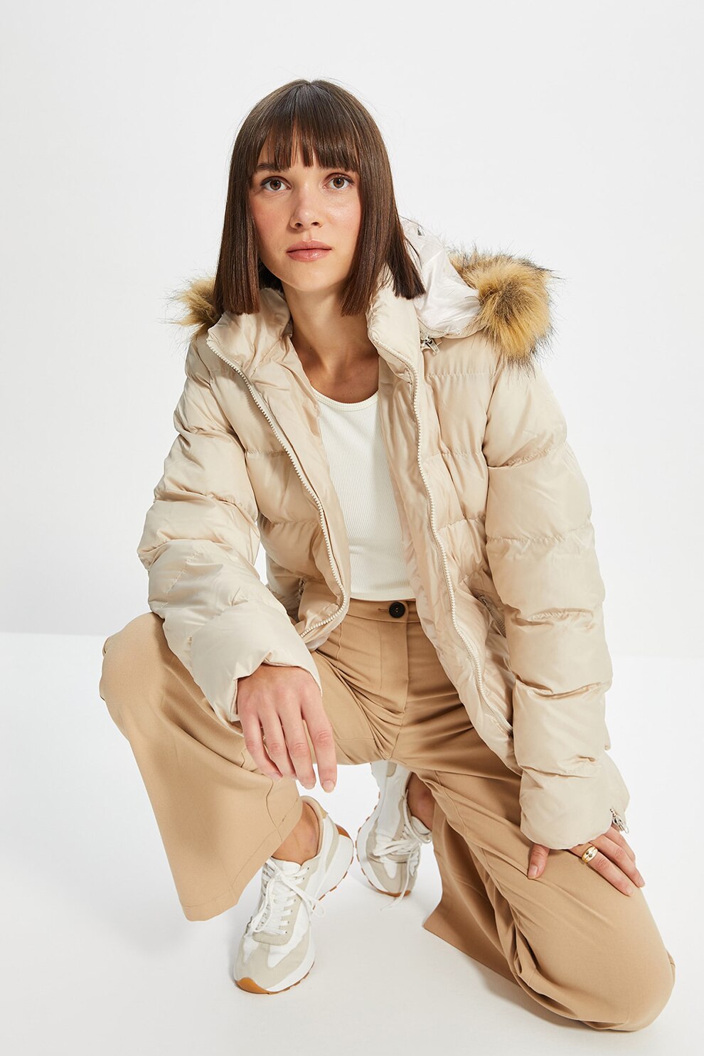 Trendyol, Geaca lejera cu gluga detasabila, Alb fildes