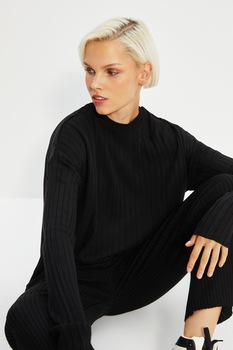 Trendyol, Set de pulover tricotat fin si pantaloni, Negru Trendyol, Set de pulover tricotat fin si pantaloni, Negru