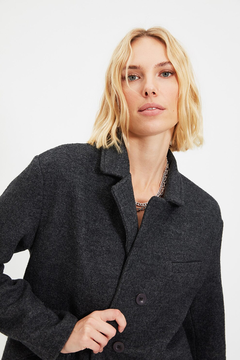 Trendyol, Palton din amestec de lana cu buzunare oblice, Gri antracit