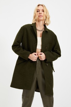 Trendyol, Palton din amestec de lana cu buzunare oblice, Verde forest Trendyol, Palton din amestec de lana cu buzunare oblice, Verde forest