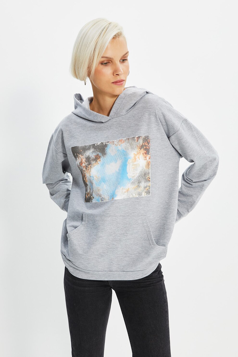 Trendyol, Hanorac cu maneci cazute si buzunar kangaroo, Gri/Albastru