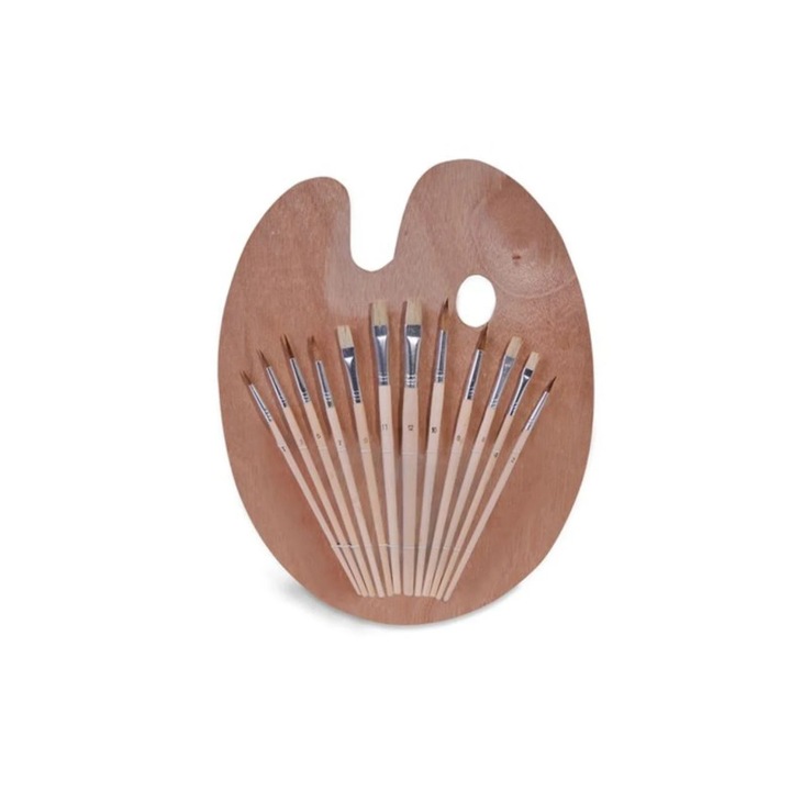 Set 12 pensule, Zola, pentru pictat, include paleta din lemn