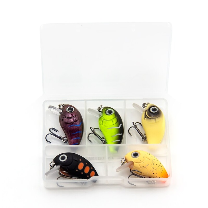 Set 5 voblere FISHINGBOX MAKE FISHING BETTER, pescuit la clean, pastrav si biban, 2g, 28mm, scufundare lenta, multicolor, culori naturale, model 1