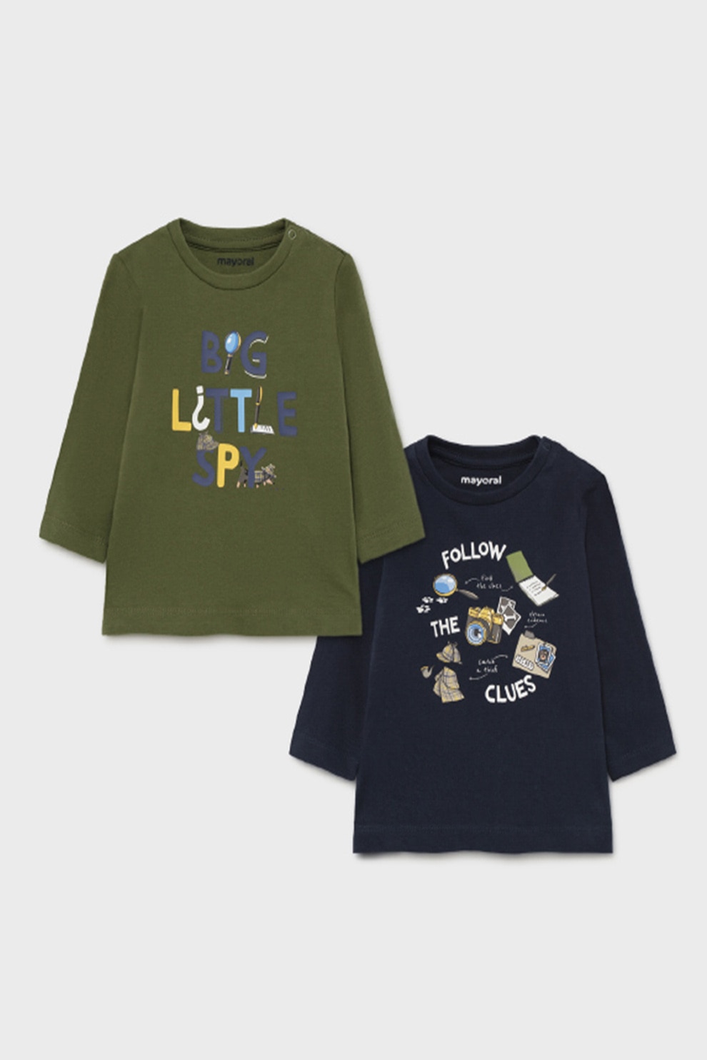 Mayoral, Set de bluze de bumbac cu imprimeu grafic - 2 piese, Verde militar/Bleumarin