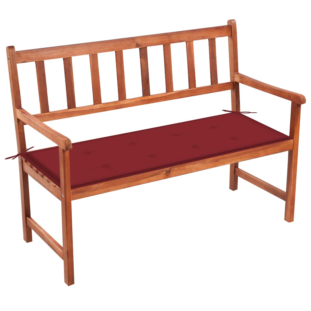 Banca de gradina cu cotiere cu perna vidaXL, Lemn de acacia, 120 x (50 - 58) x 90 cm, perna 4 cm, Maro/Rosu vin