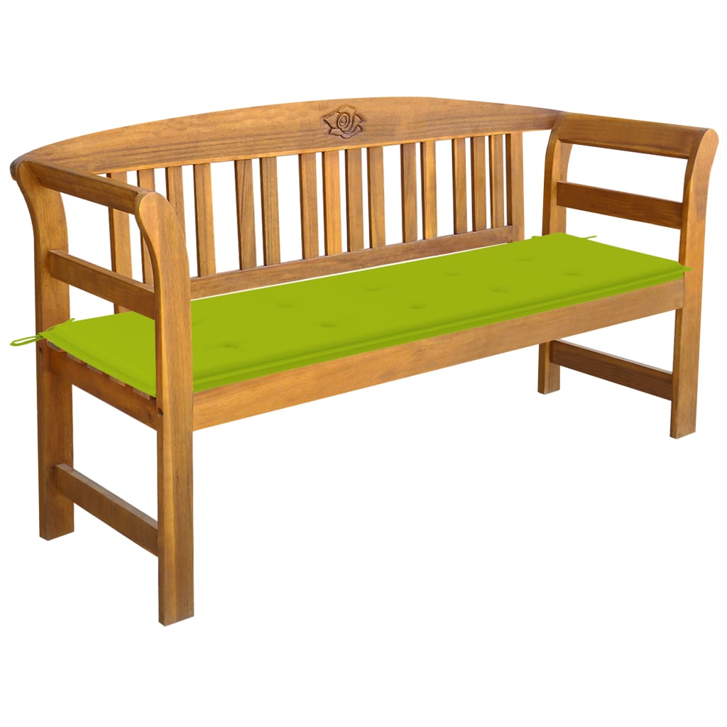 Banca de gradina din lemn masiv cu cotiere curbate cu perna vidaXL, Lemn de acacia, 157 x 45 x 82.5 cm, perna 4 cm, Maro/Verde deschis