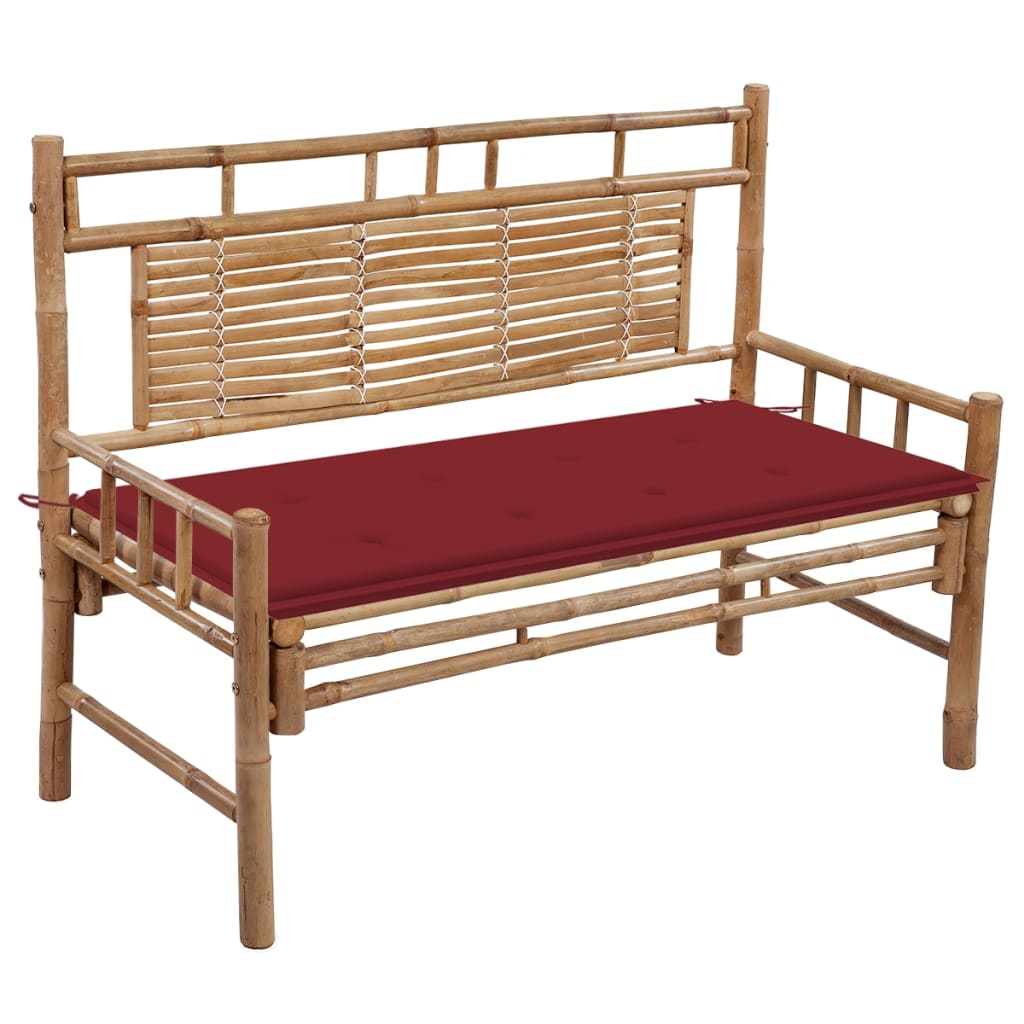 Banca de gradina din bambus cu spatar cu perna vidaXL, Bambus, 120 x 55 x 90 cm, perna 4 cm, Maro/Rosu vin