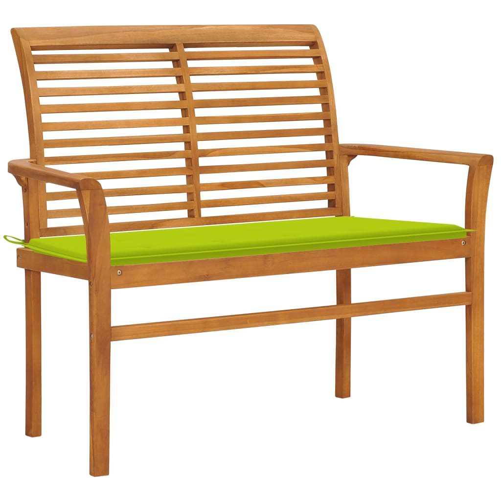 Banca de gradina cu perna verde deschis cu 2 locuri vidaXL, Lemn de tec, 112 x 55 x 94 cm, perna 4 cm, Verde deschis