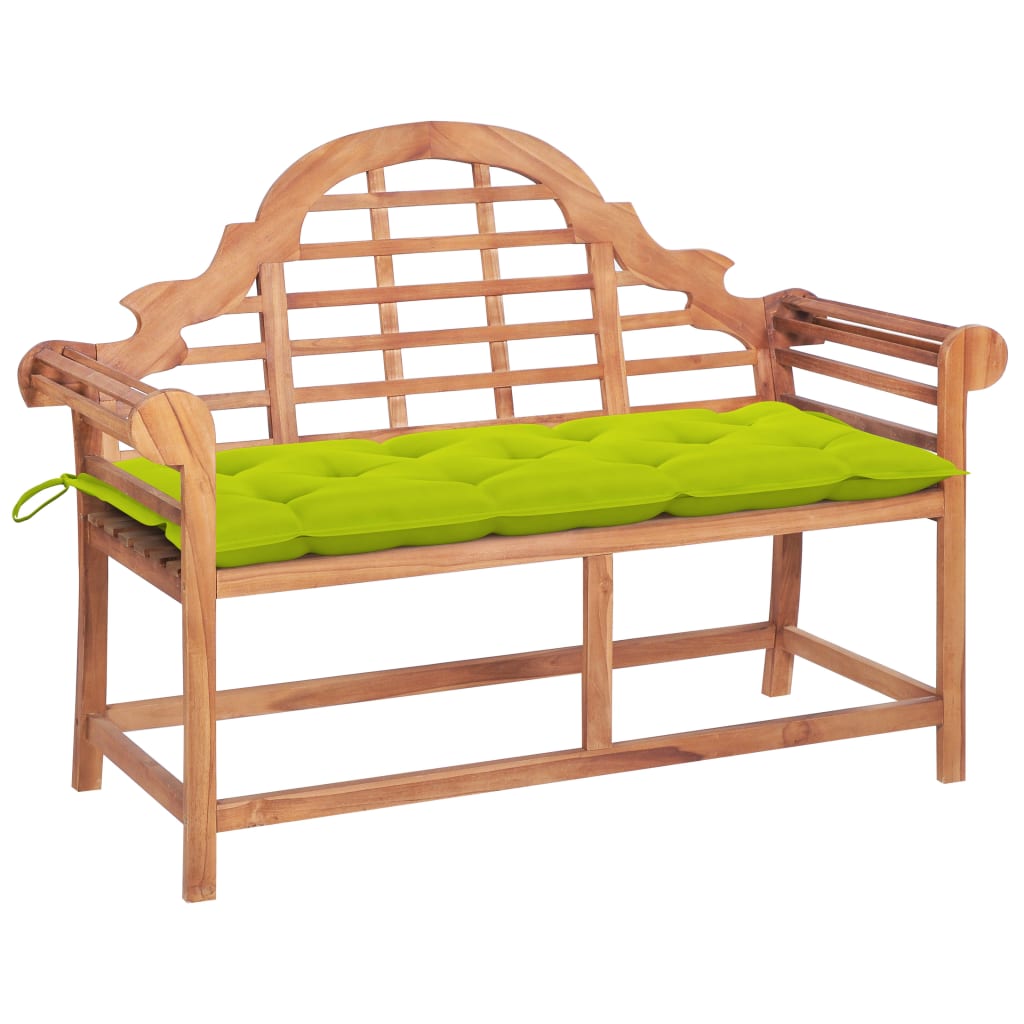 Banca de gradina cu perna cu 2 locuri vidaXL, Lemn de tec, 136 x 63 x 102 cm, perna 7 cm, Verde deschis