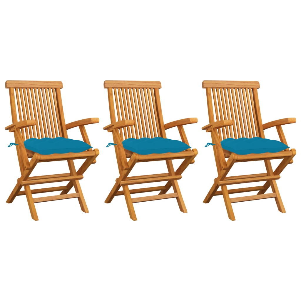 Set de 3 scaune pliabile de exterior, vidaXL, Lemn de tec-Poliester, 55 x 60 x 89 cm, 7 cm, Maro/Perne albastru deschis