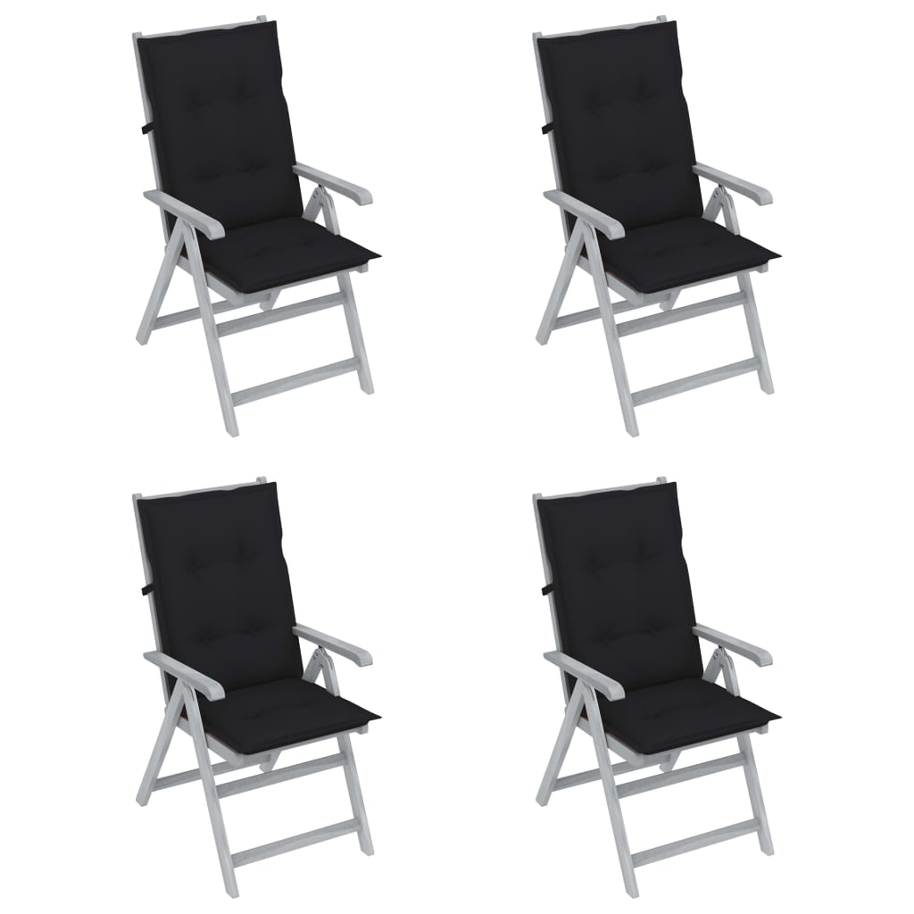 Set de 4 scaune pliabile de gradina cu salteluta, vidaXL, Lemn de acacia/Poliester, 56 x 70 x 110 cm, Gri-perna negru