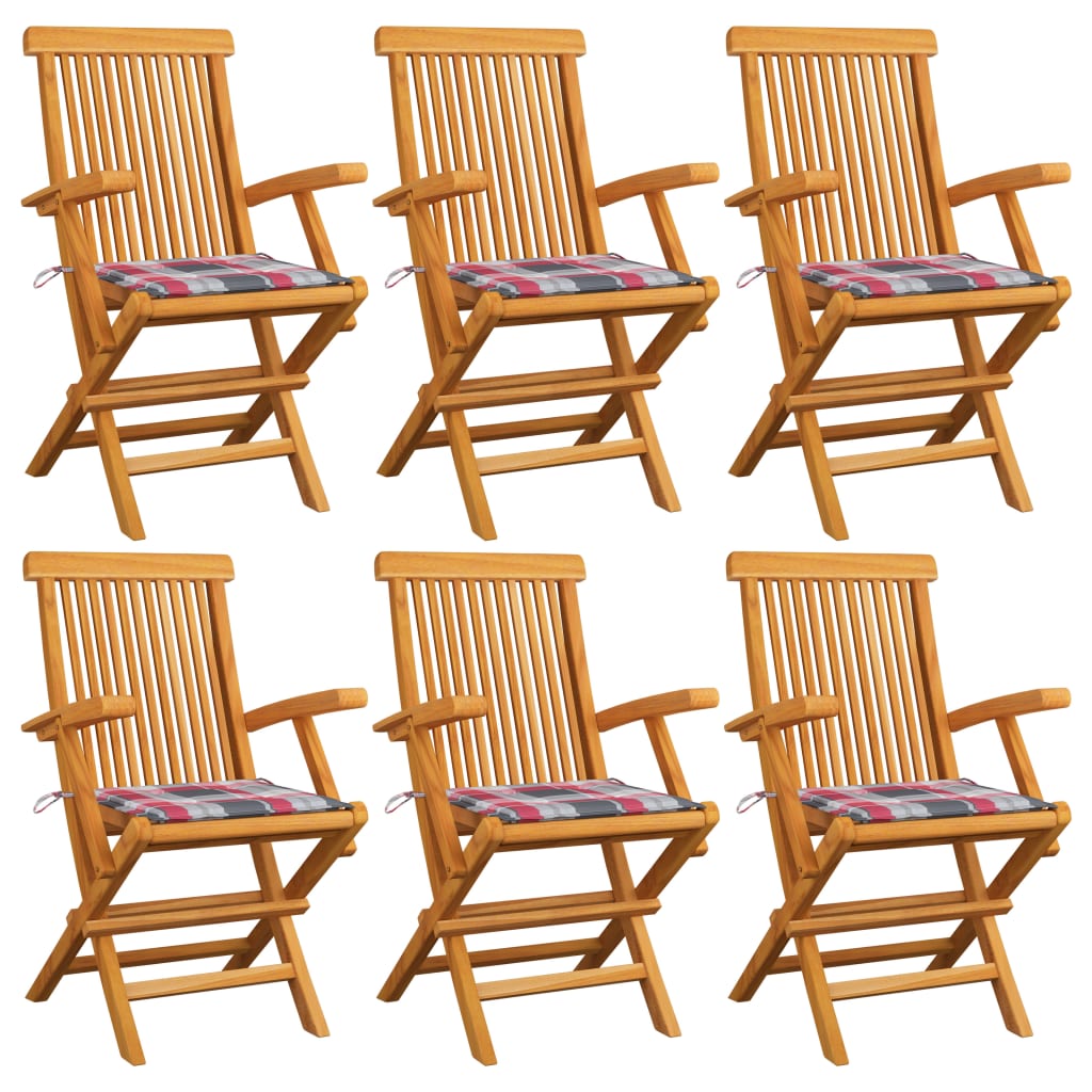 Set de 6 scaune pliabile de exterior, vidaXL, Lemn de tec-Poliester, 55 x 60 x 89 cm, 4 cm, Maro/Perne model carouri gri-rosu