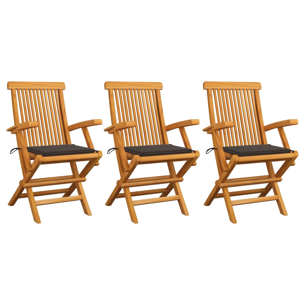 Set de 3 scaune de exterior, cu perne si brate, vidaXL, Lemn de tec/Poliester, 55 x 60 x 89 cm, 4 cm, Maro/Perne gri taupe