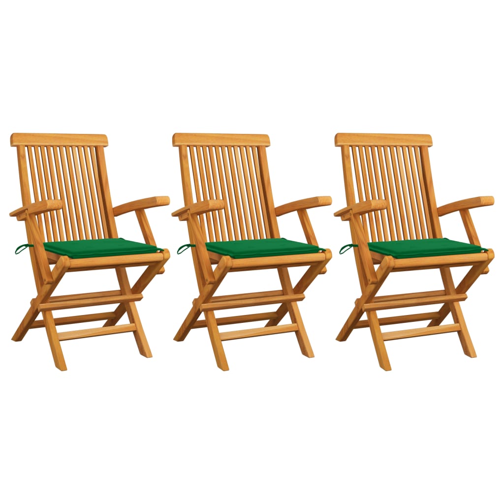 Set de 3 scaune de exterior, cu perne si brate, vidaXL, Lemn de tec/Poliester, 55 x 60 x 89 cm, 4 cm, Maro/Perne verde