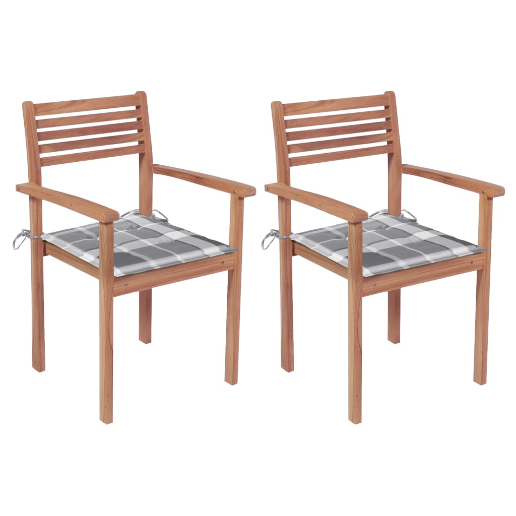 Set de 2 scaune de gradina cu perne, vidaXL, Lemn de tec slefuit fin - poliester, 56 x 51 x 90 cm, 4 cm, Maro/Perne model carouri gri