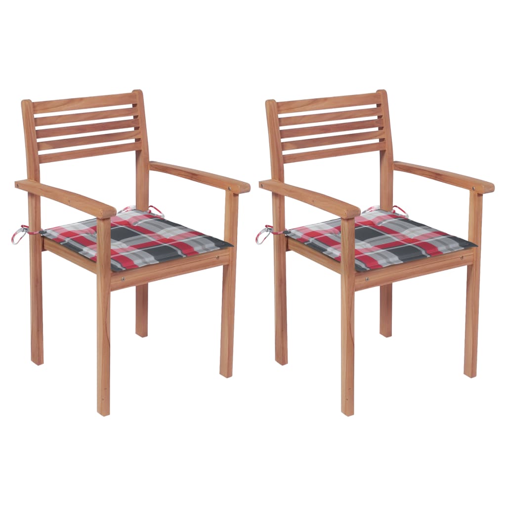 Set de 2 scaune de gradina cu perne, vidaXL, Lemn de tec slefuit fin - poliester, 56 x 51 x 90 cm, 4 cm, Maro/Perne model carouri gri-rosu