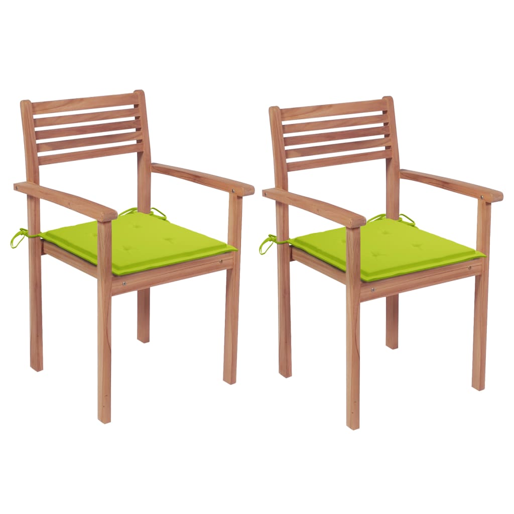 Set de 2 scaune de gradina cu perne, vidaXL, Lemn de tec slefuit fin - poliester, 56 x 51 x 90 cm, 4 cm, Maro/Verde aprins