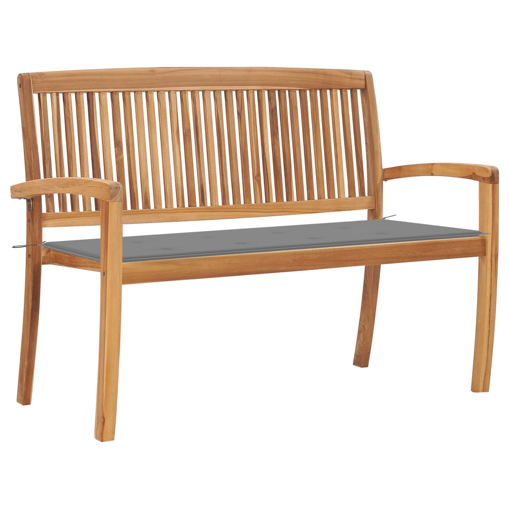Banca de gradina stivuibila cu 2 locuri cu perna vidaXL, Lemn de tec, 128.5 x 57.5 x 90 cm, perna 4 cm, Gri