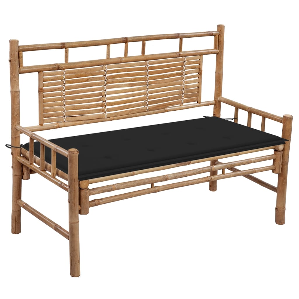 Banca de gradina din bambus cu spatar cu perna vidaXL, Bambus, 120 x 55 x 90 cm, perna 4 cm, Maro/Negru
