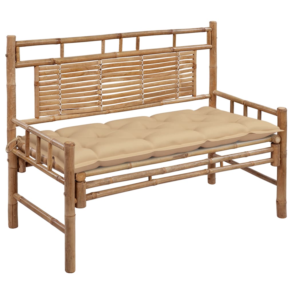 Banca de gradina din bambus cu spatar cu perna vidaXL, Bambus, 120 x 55 x 90 cm, perna 7 cm, Maro/Bej