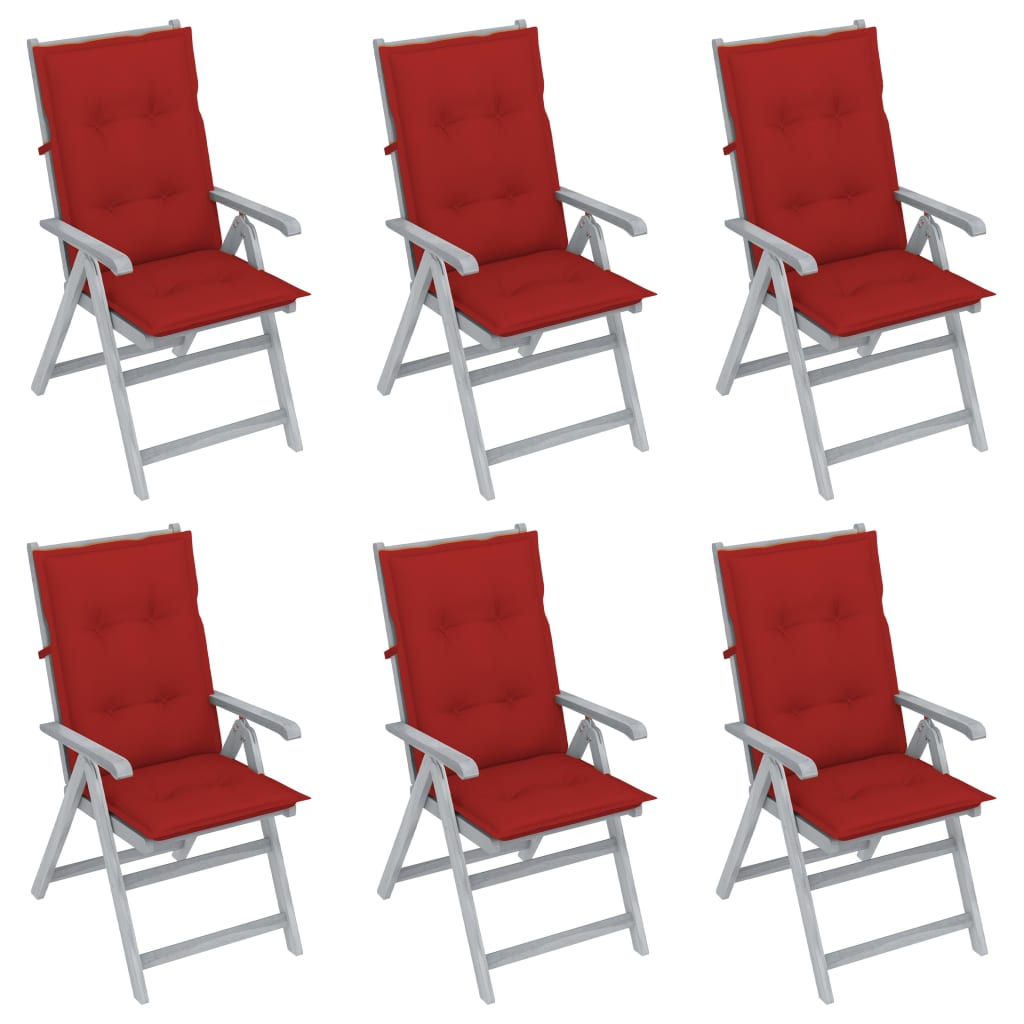 Set de 6 scaune pliabile de gradina cu salteluta, vidaXL, Lemn de acacia/Poliester, 56 x 70 x 110 cm, Gri-perna rosu