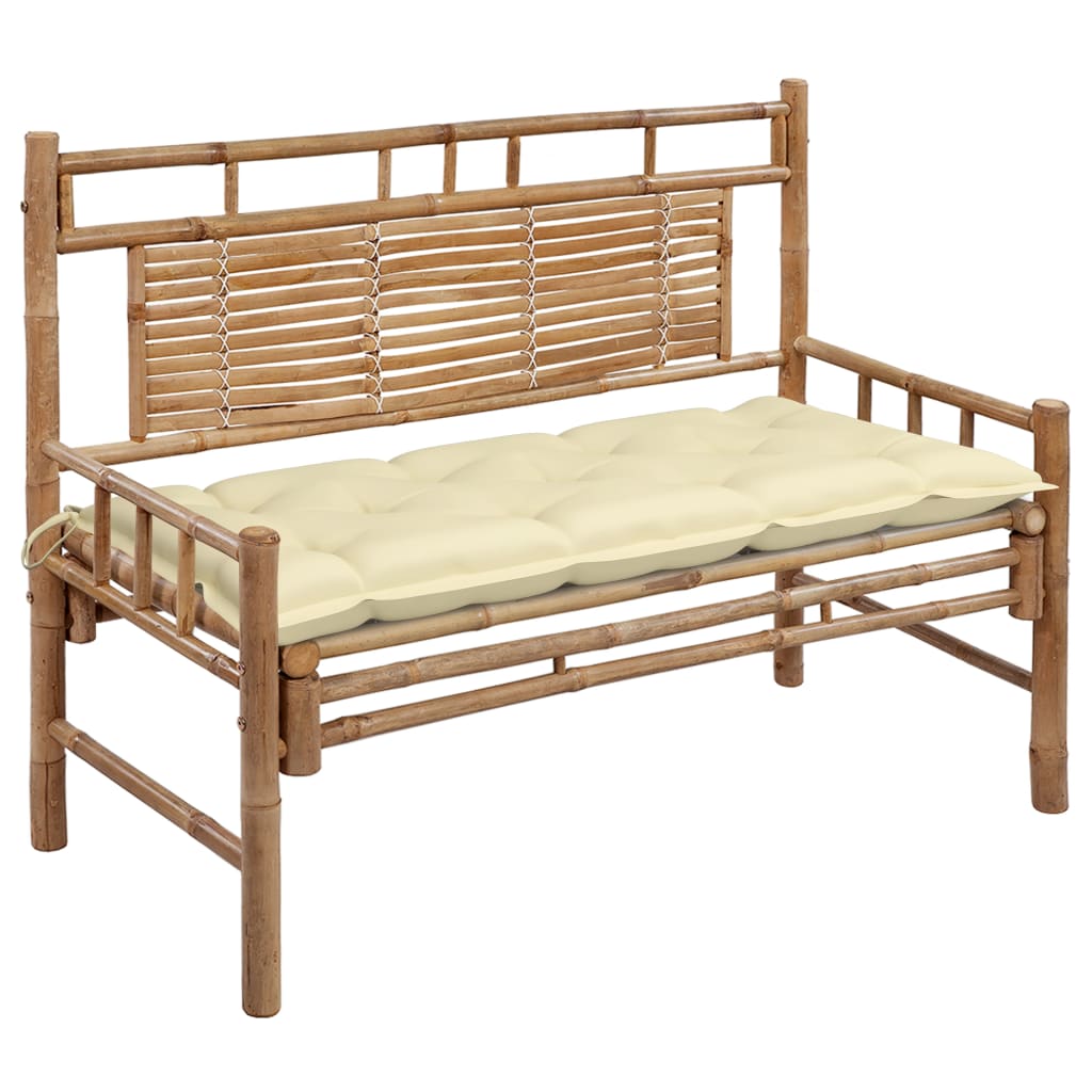 Banca de gradina din bambus cu spatar cu perna vidaXL, Bambus, 120 x 55 x 90 cm, perna 7 cm, Maro/Crem