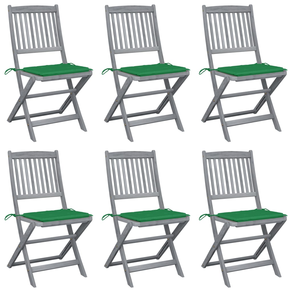 Set 6 scaune pliabile de exterior cu perna, vidaXL, Lemn de acacia/Poliester, 48,5 x 57 x 91 cm, Gri/Perne verde