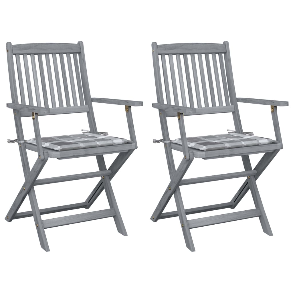 Set de 2 scaune pliabile de exterior cu perne, vidaXL, Lemn de acacia-Poliester, 54 x 57 x 91 cm, 4 cm, Gri/Perne model carouri gri