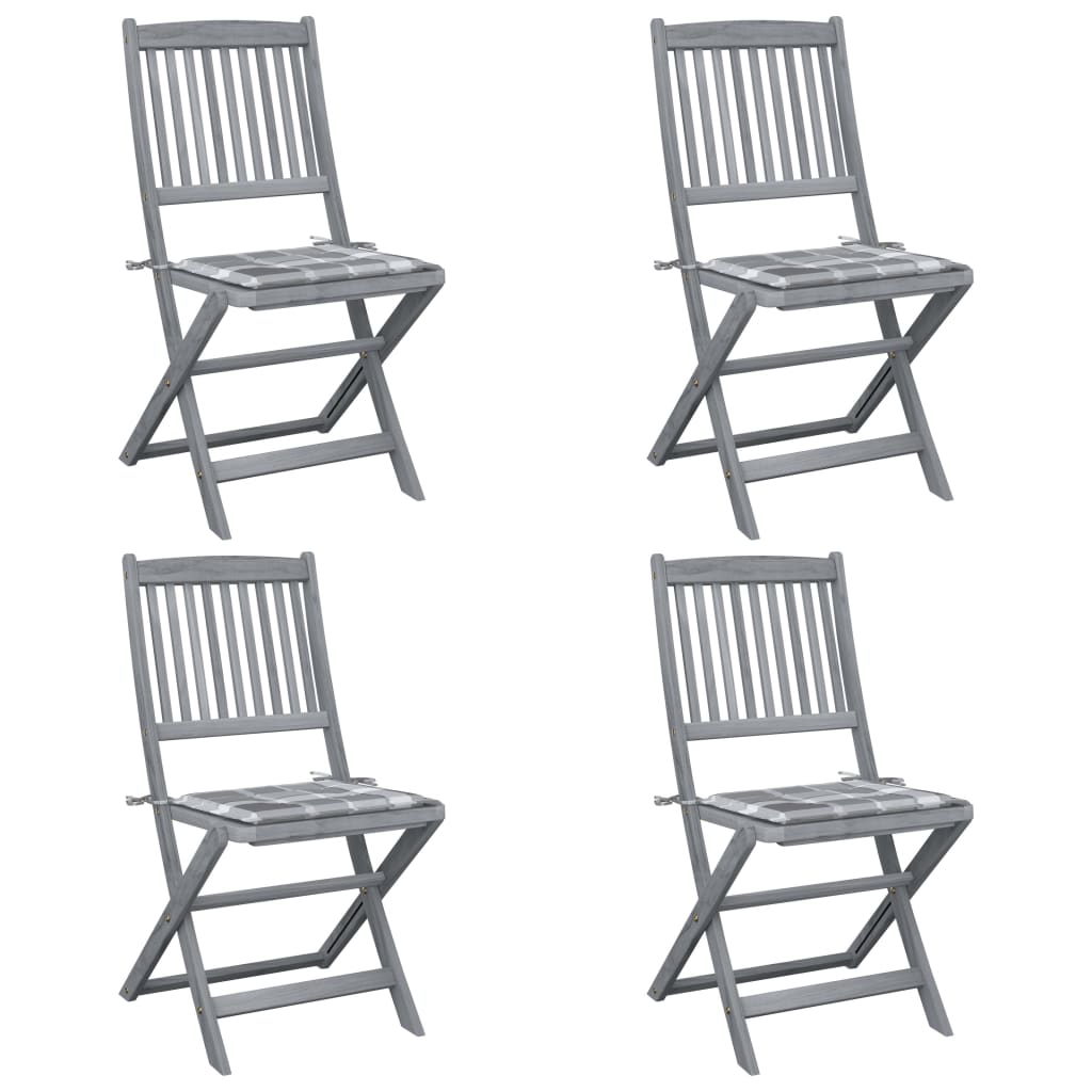 Set de 4 scaune pliabile de exterior vidaXL, Lemn de acacia-Poliester, 48,5 x 57 x 91 cm, Gri-Perne model carouri gri