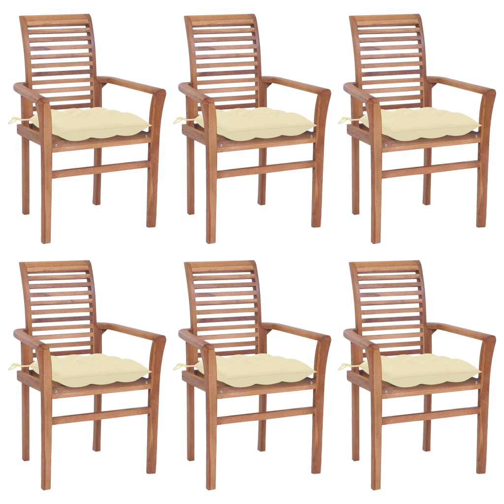 Set de 6 scaune stivuibile din lemn masiv cu perne pentru exterior vidaXL, Lemn, 62 x 56.5 x 94 cm, Maro/Crem