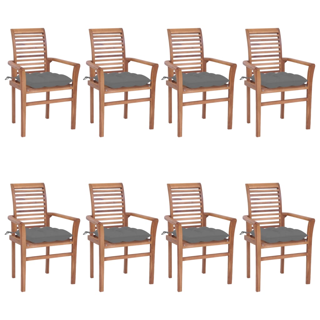Set de 8 scaune stivuibile din lemn masiv cu perne pentru exterior vidaXL, Lemn, 62 x 56.5 x 94 cm, Maro/Gri