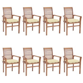 Set de 8 scaune stivuibile din lemn masiv cu perne pentru exterior vidaXL, Lemn, 62 x 56.5 x 94 cm, Maro/Crem
