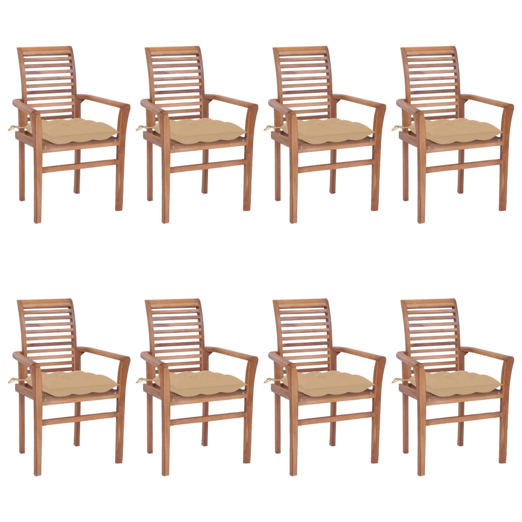 Set de 8 scaune stivuibile din lemn masiv cu perne pentru exterior vidaXL, Lemn, 62 x 56.5 x 94 cm, Maro/Bej