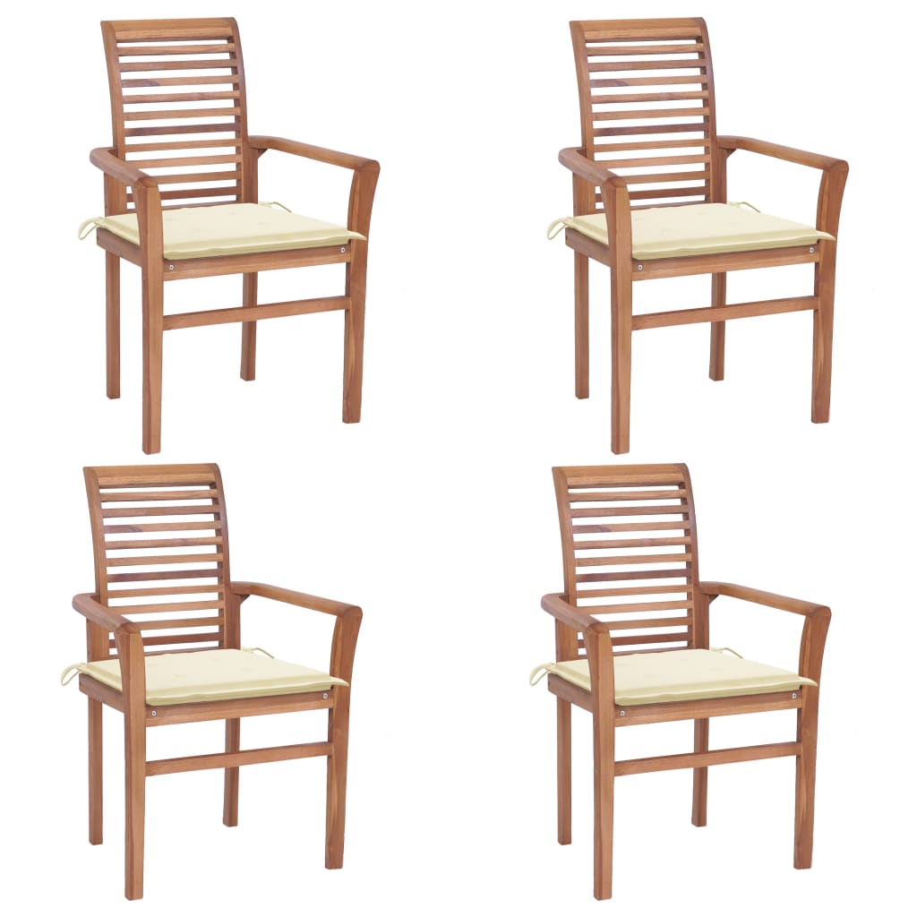 Set de 4 scaune tip fotoliu de exterior, vidaXL, Lemn masiv de tec-Poliester, 62 x 56,5 x 94 cm, 4 cm, Maro/Perne crem