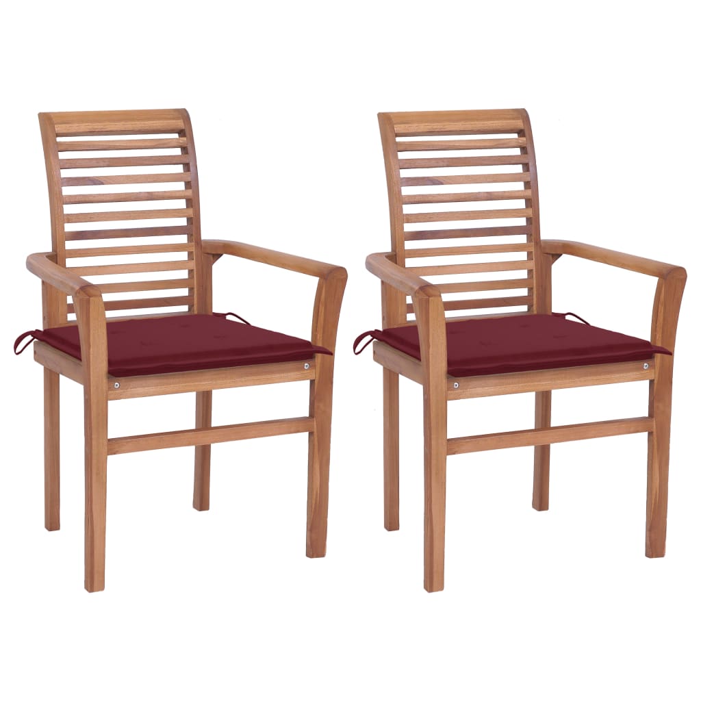 Set de 2 scaune tip fotoliu de exterior, vidaXL, Lemn masiv de tec-Poliester, 62 x 56,5 x 94 cm, 4 cm, Maro/Perne rosu bordo