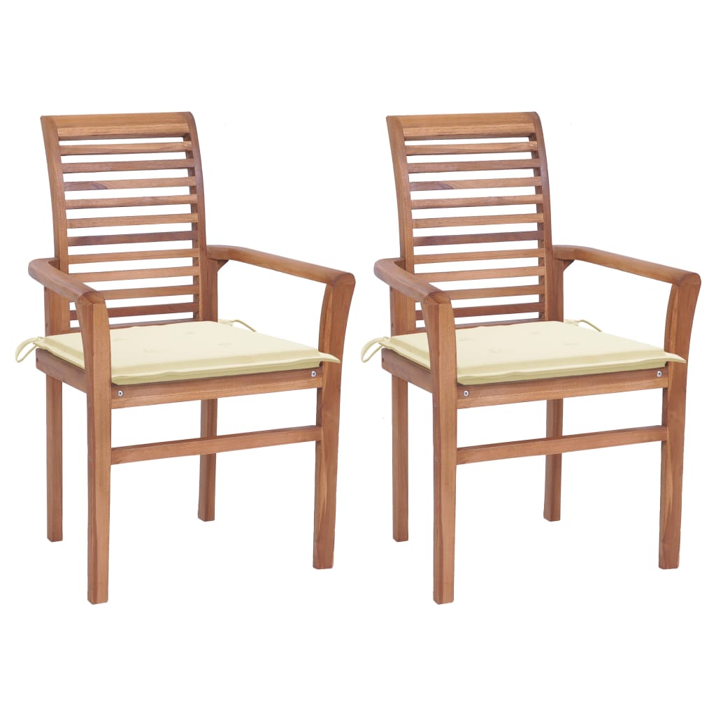 Set de 2 scaune tip fotoliu de exterior, vidaXL, Lemn masiv de tec-Poliester, 62 x 56,5 x 94 cm, 4 cm, Maro/Perne Crem