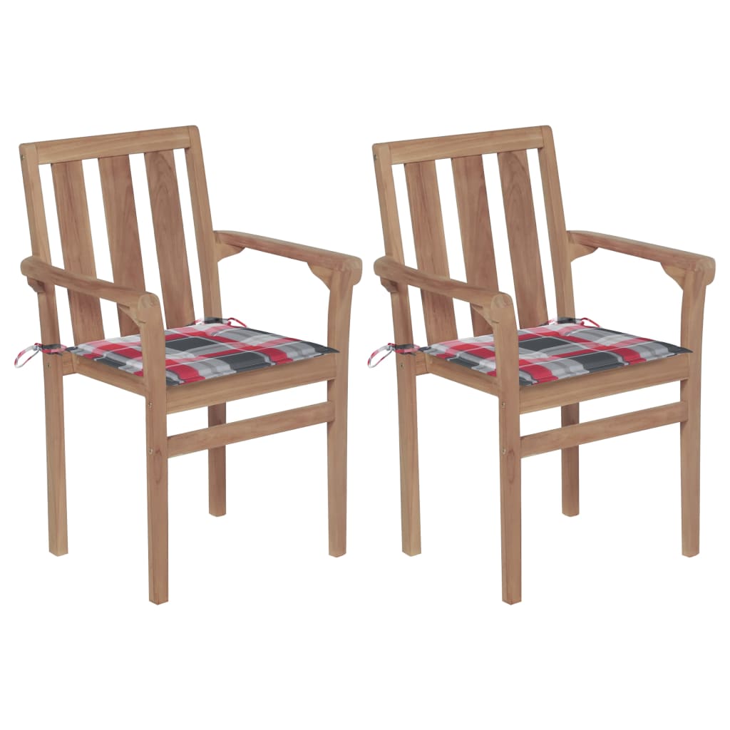 Set de 2 scaune de gradina cu perne, vidaXL, Lemn de tec slefuit - poliester, 58 x 50 x 89 cm, Maro/Perne model carouri gri-rosu