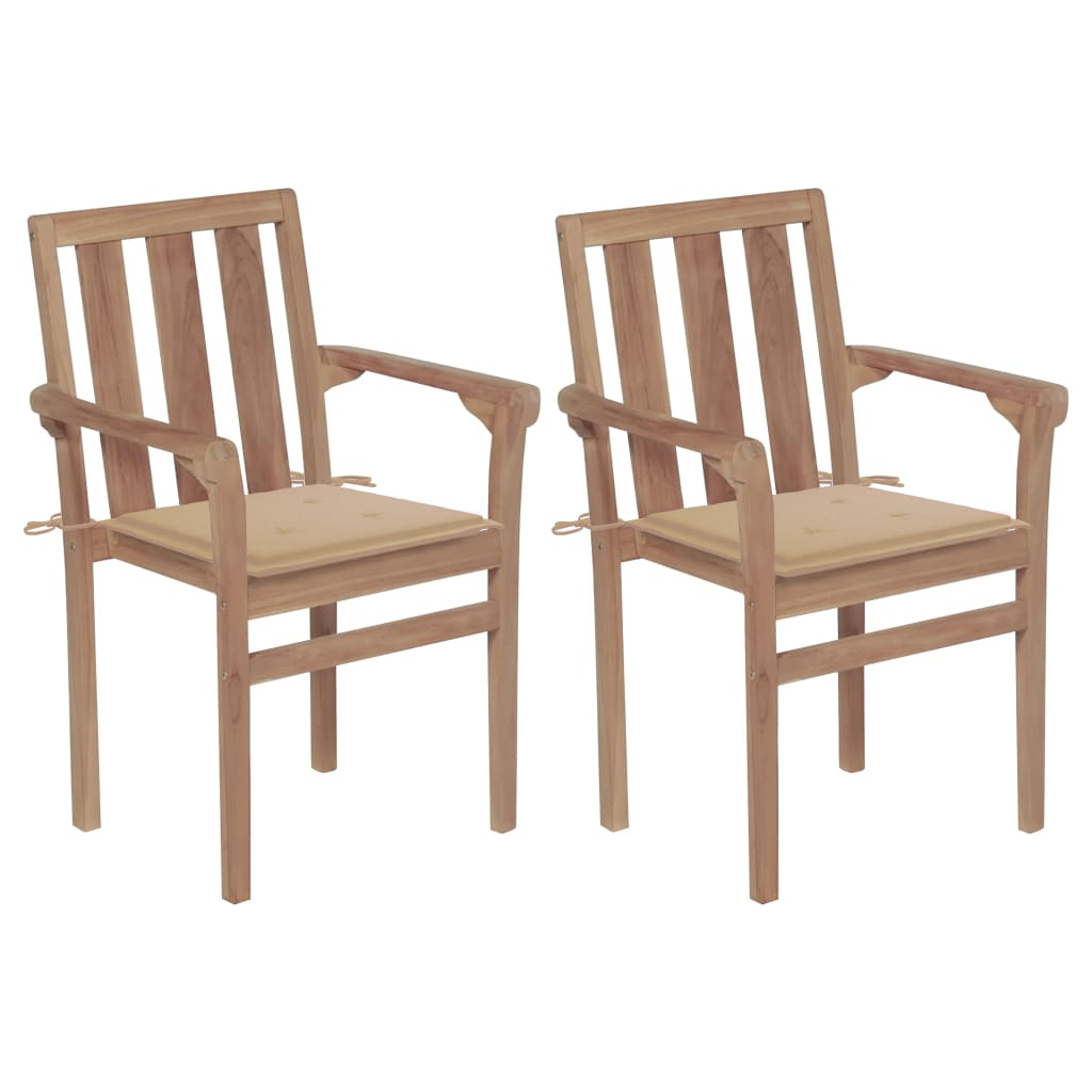 Set de 2 scaune de gradina cu perne, vidaXL, Lemn de tec slefuit - poliester, 58 x 50 x 89 cm, Maro/Bej