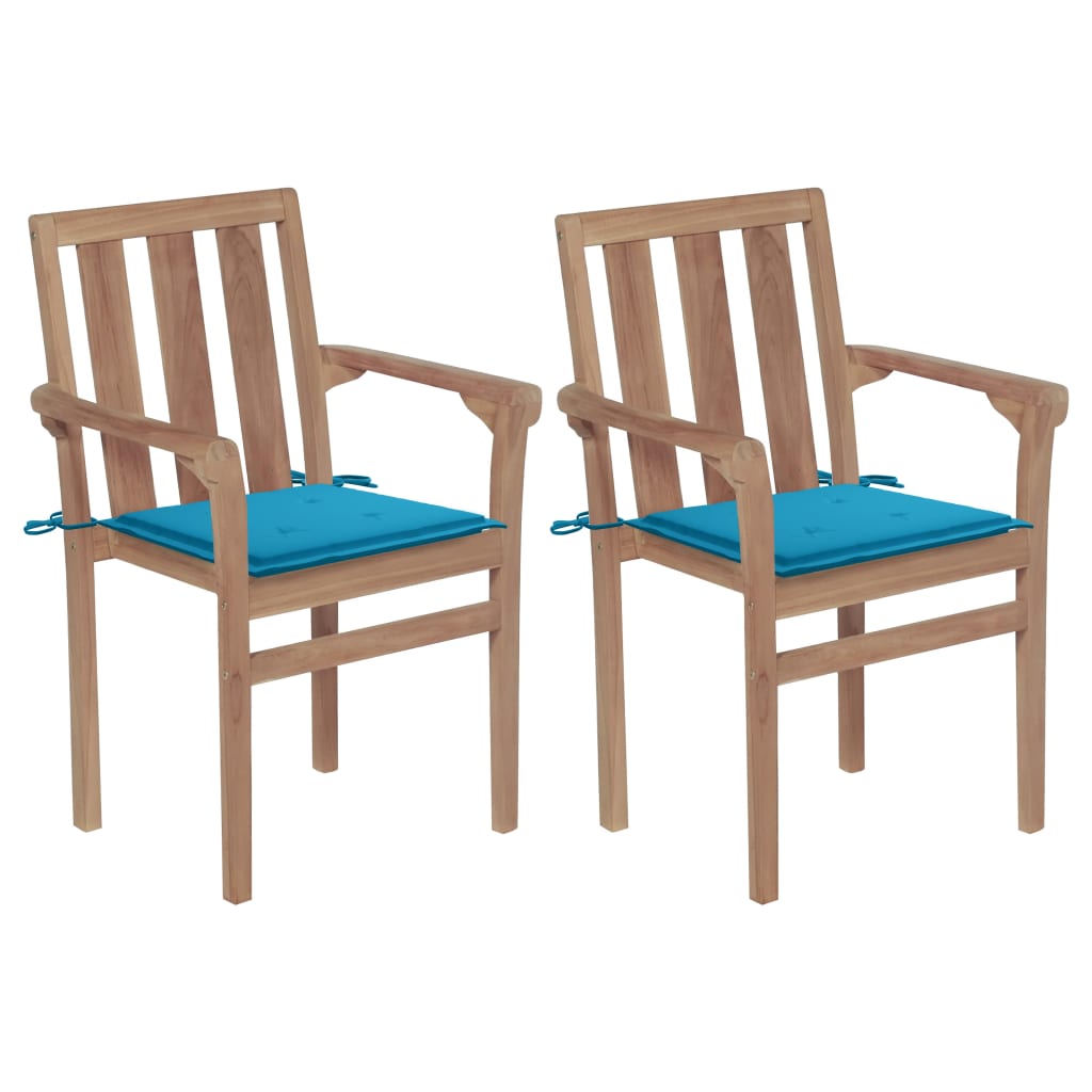 Set de 2 scaune de gradina cu perne, vidaXL, Lemn de tec slefuit - poliester, 58 x 50 x 89 cm, Maro/Albastru deschis