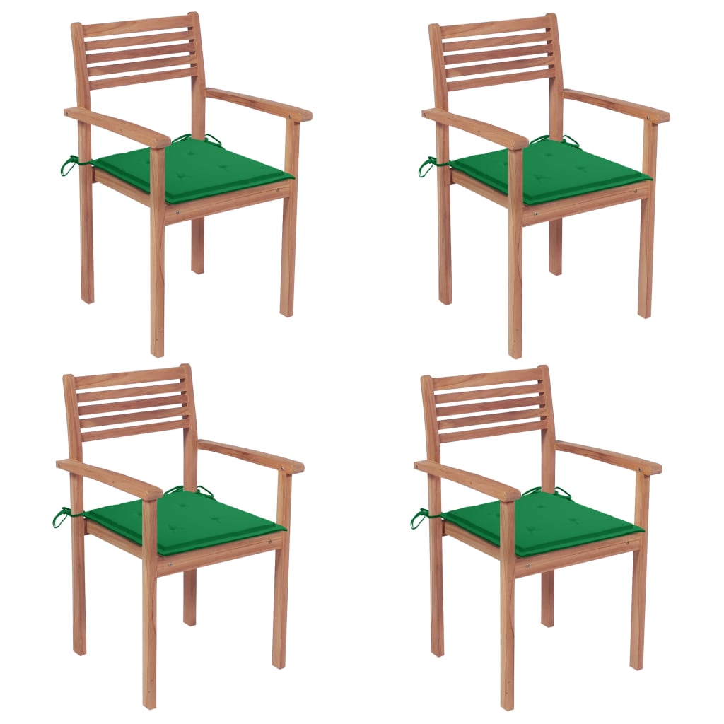 Set de 4 scaune de gradina cu perne, vidaXL, Lemn de tec slefuit fin - poliester, 56 x 51 x 90 cm, 4 cm, Maro/Perne verde