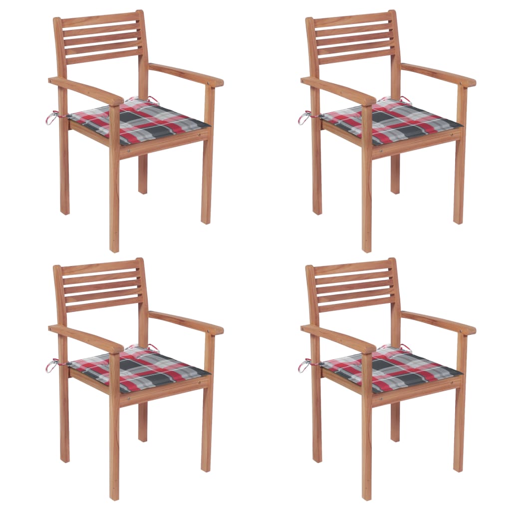 Set de 4 scaune de gradina cu perne, vidaXL, Lemn de tec slefuit fin - poliester, 56 x 51 x 90 cm, 4 cm, Maro/Perne model carouri gri-rosu