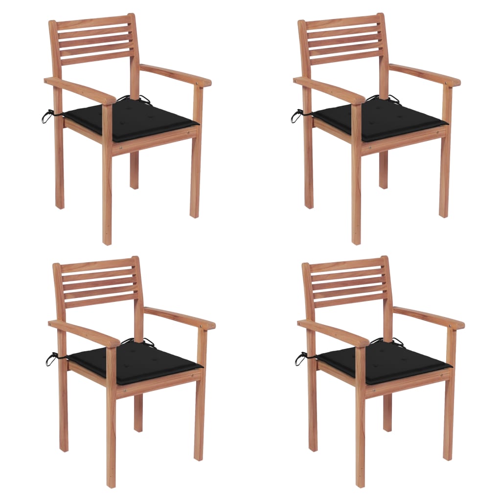 Set de 4 scaune de gradina cu perne, vidaXL, Lemn de tec slefuit fin - poliester, 56 x 51 x 90 cm, 4 cm, Maro/Perne negru
