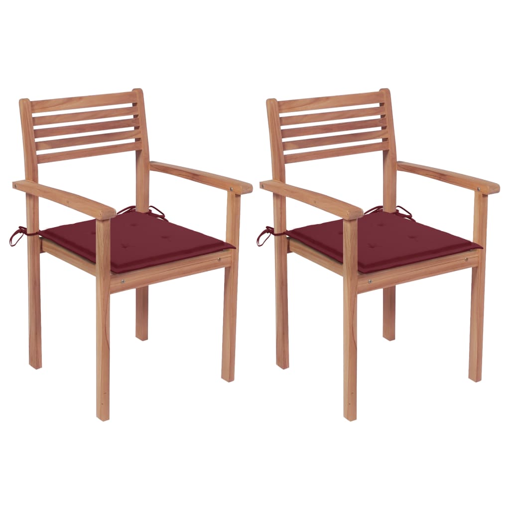 Set de 2 scaune de gradina cu perne, vidaXL, Lemn de tec slefuit fin - poliester, 56 x 51 x 90 cm, 4 cm, Maro/Rosu bordo