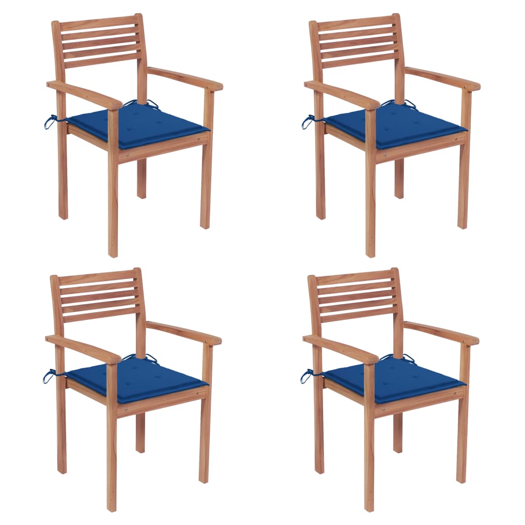 Set de 4 scaune de gradina cu perne, vidaXL, Lemn de tec slefuit fin - poliester, 56 x 51 x 90 cm, 4 cm, Maro/Perne albastru regal